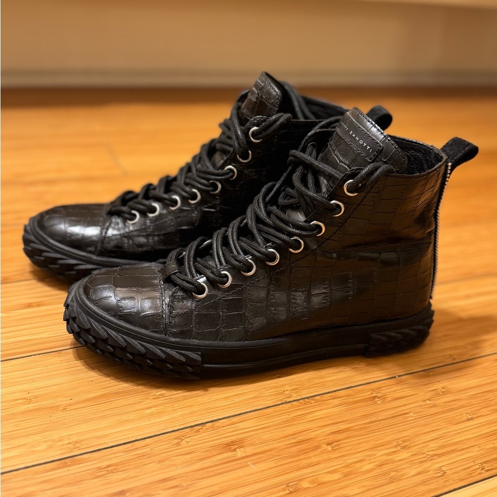 Black Croc-Embossed High-Top Sneakers